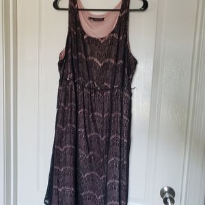 Black overlay, taupe slip dress, crochet detailing